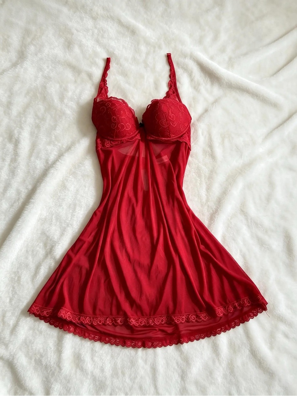 Vintage Romantic Cherry Red Lace Halter Babydoll Slip 🍒 Coquette Aesthetic